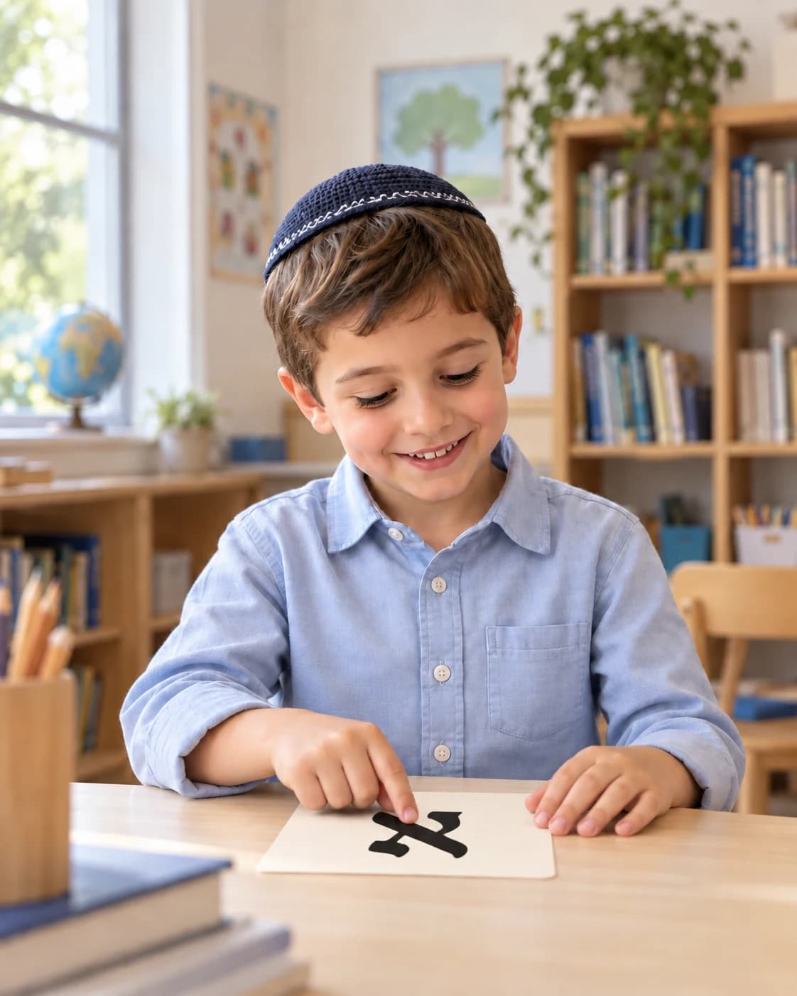 Illustration of a happy child tracing an Aleph on a learning page in a classroom
